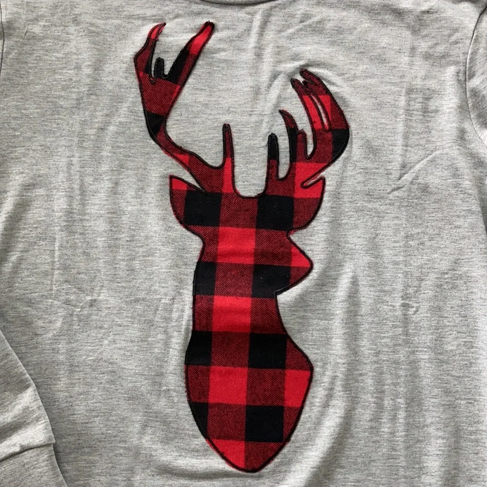 Grey French Terry Long Sleeve Plaid Reindeer Top - Picture 9 of 10